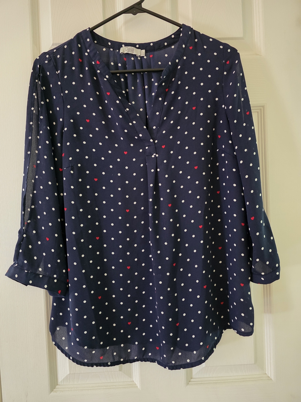Dalia Navy Polka Dot Blouse with Red Heart Details